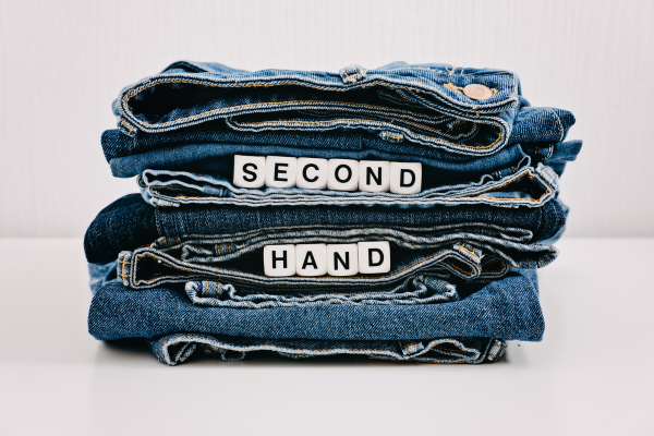 Stack of folded blue jeans with a prominent arrangement in the middle of the word "Second Hand", an alternative for DIY textiles, spelled out in scrabble letters.