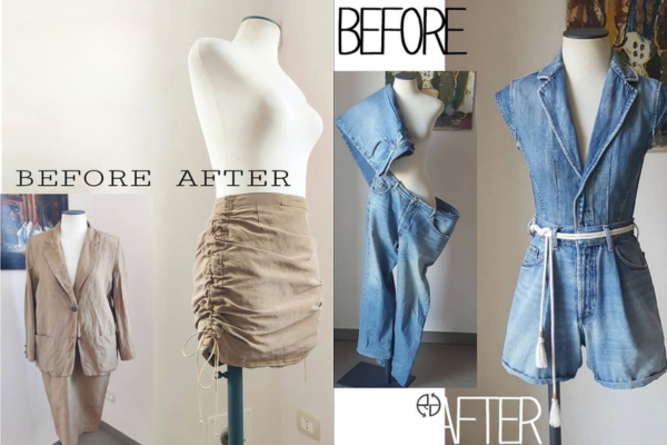 The DIY fashion project of two upcycled clothing items. The first is a blazer that has been transformed into a skirt, and the second is a denim dress made from two pairs of jeans.