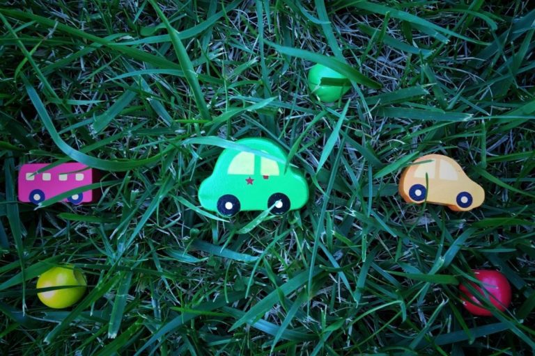 Wooden toy cars on a green grass field